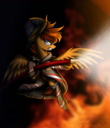 Size: 1280x1485 | Tagged: safe, artist:crystalbay, derpibooru import, oc, oc:flight fire, pegasus, angry, appreciation, birthday present, confident, cool, courage, darkness, determined, fierce, fight, fire, firefighter, firepony, first responder, hose, lieutenant, saving, solo, spray, water