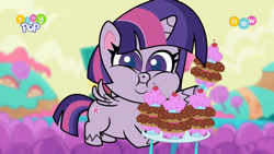 Size: 1024x576 | Tagged: safe, derpibooru import, screencap, twilight sparkle, twilight sparkle (alicorn), alicorn, pony, my little pony: pony life, pie vs. pie, spoiler:pony life s01e39, chubby cheeks, cupcake, donut, eating, fat, female, food, mare, princess twilard, tiny pop, twilard sparkle