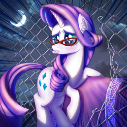 Size: 2000x2000 | Tagged: safe, artist:eltaile, derpibooru import, rarity, pony, unicorn, crying, embarrassed, equine, fabric, female, fence, glasses, moon, night, pouting, solo, spotlight