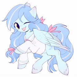 Size: 2048x2048 | Tagged: safe, artist:amo, derpibooru import, oc, oc only, pegasus, pony, clothes, one eye closed, raised hoof, simple background, solo, unshorn fetlocks, white background, wink