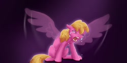 Size: 1280x640 | Tagged: safe, artist:shaslan, derpibooru import, cherry berry, earth pony, pegasus, pony, crying, eyes closed, open mouth, solo, wings