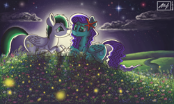 Size: 854x512 | Tagged: safe, artist:dreamyskies, derpibooru exclusive, derpibooru import, oc, oc only, oc:aquashock, oc:dreamer skies, firefly (insect), insect, pegasus, accessory, detailed background, dreamy, female, field, flower, happy, looking at each other, male, moonlight, night, oc x oc, pegasus oc, river, romantic, scenery, shipping, signature, sitting, sky, stars, wings