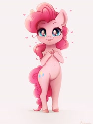Size: 2413x3217 | Tagged: safe, artist:miokomata, derpibooru import, pinkie pie, earth pony, pony, bipedal, blushing, chest fluff, colored hooves, cute, diapinkes, ear fluff, female, heart, high res, looking at you, mare, neck fluff, open mouth, smiling, solo