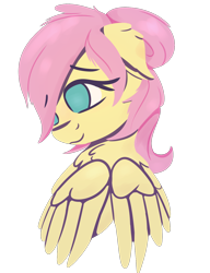 Size: 1150x1500 | Tagged: safe, artist:rhythmpixel, derpibooru import, fluttershy, pegasus, pony, alternate hairstyle, bust, chest fluff, female, floppy ears, hair over one eye, looking away, looking down, mare, no pupils, portrait, simple background, smiling, solo, transparent background, wings