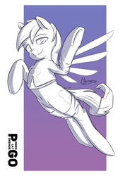Size: 2480x3496 | Tagged: safe, artist:madgehog, derpibooru import, rainbow dash, pegasus, pony, clothes, dressup, female, grayscale, happy, lineart, looking at you, mare, monochrome, pokémon, socks, stockings, team rocket, thigh highs, underhoof