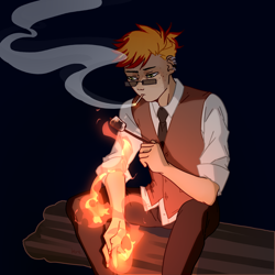 Size: 1536x1536 | Tagged: safe, artist:baru, derpibooru import, oc, oc:blaze fury, human, cigarette, dark background, ear piercing, fire, food, glasses, humanized, humanized oc, marshmallow, piercing, smoking, solo