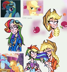 Size: 2472x2662 | Tagged: safe, artist:citi, derpibooru import, screencap, applejack, rainbow dash, human, make new friends but keep discord, newbie dash, simple ways, apple, card game, clothes, crying, food, freckles, goggles, humanized, nose blowing, rainbow fash, scene interpretation, screencap reference, uniform, wonderbolts uniform