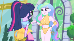 Size: 1920x1080 | Tagged: safe, derpibooru import, edit, edited screencap, screencap, princess celestia, principal celestia, sci-twi, twilight sparkle, better together, equestria girls, my little shop of horrors, clothes, female, key, watering can, wrestler