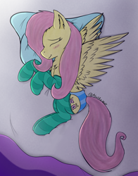 Size: 1962x2507 | Tagged: safe, artist:alaskawolf, fluttershy, pegasus, pony, bed, blushing, clothes, eyes closed, female, mare, panties, pillow, sleeping, socks, solo, spread wings, striped socks, striped underwear