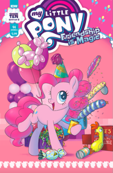 Size: 487x741 | Tagged: safe, artist:pencils, idw, pinkie pie, earth pony, pony, spoiler:comic94, balloon, comic, cover, hat, party hat, rubber chicken, season 10