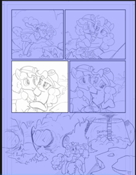 Size: 870x1120 | Tagged: safe, artist:pencils, idw, cheese sandwich, pinkie pie, earth pony, pony, spoiler:comic94, blushing, cave, comic, female, male, mare, season 10, sketch, stallion