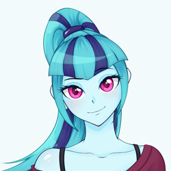 Size: 1351x1351 | Tagged: safe, alternate version, artist:nathayro37, sonata dusk, equestria girls, blushing, clothes, cute, looking at you, simple background, smiling, sonatabetes, white background