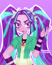 Size: 2800x3500 | Tagged: safe, artist:neewli, aria blaze, equestria girls, female, frown, gem, purple background, signature, simple background, siren gem, solo