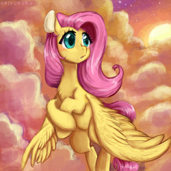 Size: 3000x3000 | Tagged: safe, artist:kaikururu, fluttershy, pegasus, pony, chest fluff, cloud, cute, female, flying, mare, shyabetes, signature, sky, solo, sunset