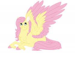 Size: 2000x1510 | Tagged: safe, artist:omegapengwen, fluttershy, pegasus, pony, colored hooves, colored wings, colored wingtips, cute, cute little fangs, fangs, female, lying down, mare, prone, redesign, simple background, smiling, solo, unshorn fetlocks, white background