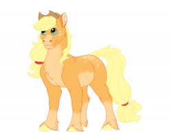 Size: 2000x1559 | Tagged: safe, artist:omegapengwen, applejack, earth pony, pony, applejack's hat, colored hooves, cowboy hat, dappled, female, hat, mare, redesign, simple background, smiling, socks (coat marking), solo, unshorn fetlocks, white background