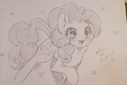 Size: 1080x722 | Tagged: safe, artist:ellys.art.gallery, derpibooru import, pinkie pie, earth pony, pony, :d, female, japanese, lineart, mare, raised hoof, smiling, solo, traditional art