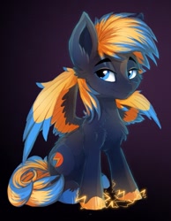 Size: 829x1070 | Tagged: safe, artist:a-lunar-eclipse, derpibooru import, oc, oc only, oc:arc flash, pegasus, pony, chest fluff, electricity, glowing hooves, lightning, pegasus oc, smiling, solo, wings