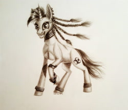 Size: 3278x2810 | Tagged: safe, artist:cahandariella, derpibooru import, oc, oc:snowi, unicorn, black and white, bracelet, braid, ear piercing, earring, eyelashes, female, golden ring, grayscale, hooves, horn, jewelry, mare, monochrome, pencil drawing, piercing, smiley face, solo, studs, traditional art, zebra style