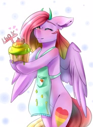 Size: 1590x2160 | Tagged: safe, artist:ellis_sunset, derpibooru import, oc, oc only, pegasus, pony, apron, bipedal, clothes, cupcake, eyes closed, food, hoof hold, horns, milestone, naked apron, pegasus oc, smiling, solo, wings