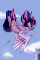 Size: 1447x2170 | Tagged: safe, artist:ellis_sunset, derpibooru import, twilight sparkle, twilight sparkle (alicorn), alicorn, pony, cloud, falling, female, mare, solo