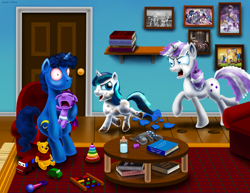 Size: 3300x2550 | Tagged: safe, artist:jac59col, derpibooru import, night light, shining armor, smarty pants, twilight sparkle, twilight velvet, pony, unicorn, abacus, angry, baby, baby bottle, babylight sparkle, bloodshot eyes, book, bookshelf, broken glass, brother and sister, chase, clothes, coco bandicoot, colt, colt shining armor, cosplay, costume, crash bandicoot, crying, diaper, family, father and child, father and daughter, female, filly, foal, male, mare, mother and child, mother and son, mud, pacifier, papa roach, parent and child, parenting, picture frame, siblings, sleepy, stallion, time paradox, toy, vase, winnie the pooh, younger