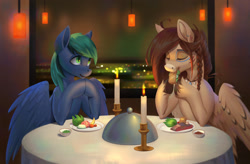 Size: 1920x1257 | Tagged: safe, artist:jotun22, derpibooru import, oc, oc only, oc:ender, oc:ondrea, pegasus, pony, candle, cute, date, eating, ender's herd, food, indoors, nervous, romance, romantic, sandwich