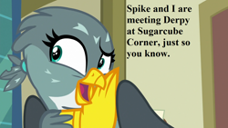 Size: 1280x720 | Tagged: safe, derpibooru import, edit, edited screencap, screencap, gabby, dragon dropped, cute, gabbybetes, implied derpy, implied spike, speech, talking