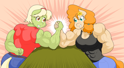 Size: 3613x1985 | Tagged: safe, artist:matchstickman, derpibooru import, granny smith, pear butter, anthro, earth pony, arm wrestling, breasts, busty pear butter, clothes, digital art, female, granny smash, grin, gritted teeth, muscles, muscular female, pear buffer, smiling, sweat, vein bulge