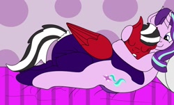 Size: 1280x772 | Tagged: safe, artist:lynnthenerdkitty, derpibooru import, starlight glimmer, oc, oc:shatter, pegasus, pony, unicorn, adult foal, cuddling, diaper, diaper fetish, eyes closed, fetish, footed sleeper, mommy, photo, poofy diaper, sleeping