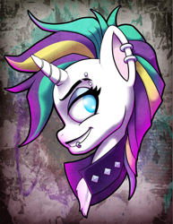 Size: 1078x1394 | Tagged: safe, artist:zombieapple224, derpibooru import, rarity, pony, unicorn, abstract background, alternate hairstyle, bust, chest fluff, clothes, ear piercing, eyebrow piercing, eyebrow slits, female, grin, lip piercing, looking back, mare, piercing, portrait, punk, raripunk, smiling, solo