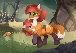 Size: 4300x3000 | Tagged: safe, artist:dreamweaverpony, derpibooru import, oc, oc only, oc:artistic palete, oc:kitt nips, fox, fox pony, hybrid, unicorn, brush tail, chest fluff, female, filly, forest, hug, mare, mother and child, mother and daughter, nom, parent and child