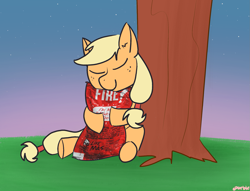 Size: 2163x1652 | Tagged: safe, artist:purblehoers, derpibooru import, edit, applejack, earth pony, pony, applesauce, body pillow, evening, female, food, grass, happy, hot sauce, hugging a pillow, sauce, sky, smiling, solo, stars, taco bell, tree