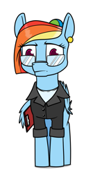 Size: 645x1200 | Tagged: safe, artist:dacaoo, derpibooru import, rainbow dash, pegasus, pony, alternate hairstyle, clipboard, clothes, ear piercing, earring, egghead dash, female, glasses, jewelry, piercing, simple background, solo