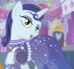Size: 1290x1195 | Tagged: safe, derpibooru import, screencap, moonlight raven, pony, unicorn, canterlot boutique, background pony, clothes, cropped, dress, female, lidded eyes, lily love, mare, mirror, over the moon, shoes, smiling, solo, solo focus, when she smiles