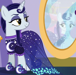 Size: 1220x1199 | Tagged: safe, derpibooru import, screencap, moonlight raven, pony, unicorn, canterlot boutique, clothes, cropped, dress, female, lidded eyes, mare, mirror, over the moon, reflection, smiling, solo, when she smiles