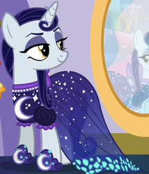 Size: 1020x1193 | Tagged: safe, derpibooru import, screencap, moonlight raven, pony, unicorn, canterlot boutique, clothes, cropped, dress, female, lidded eyes, mare, mirror, over the moon, smiling, solo, when she smiles