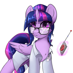 Size: 3000x3000 | Tagged: safe, artist:argodaemon, artist:skitsroom, derpibooru import, sci-twi, twilight sparkle, twilight sparkle (alicorn), alicorn, pony, alternate hairstyle, clothes, female, glasses, lab coat, magic, mare, remote, rocket science, rocket surgery, scitwilicorn, simple background, telekinesis, white background