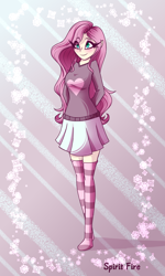 Size: 1200x2000 | Tagged: safe, artist:celes-969, derpibooru import, fluttershy, human, arm behind back, blushing, clothes, cute, eye clipping through hair, eyebrows visible through hair, eyelashes, female, hands behind back, heart, humanized, shyabetes, skirt, socks, stocking feet, stockings, striped socks, thigh highs, zettai ryouiki