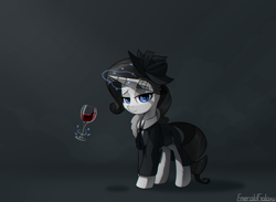 Size: 2600x1900 | Tagged: safe, artist:emeraldgalaxy, derpibooru import, rarity, pony, unicorn, rarity investigates, alcohol, clothes, detective rarity, digital art, female, glass, looking at you, mare, noir, smiling, solo, veil, wine, wine glass