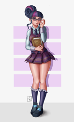 Size: 3040x4960 | Tagged: safe, artist:beamsaber, derpibooru import, daring do, sci-twi, twilight sparkle, human, pegasus, pony, equestria girls, alternate hairstyle, blushing, book, clothes, crystal prep academy uniform, female, flats, glasses, humanized, mare, necktie, open mouth, plaid skirt, pleated skirt, school uniform, shirt, shoes, skirt, socks, solo, vest