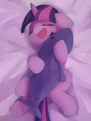 Size: 2620x3500 | Tagged: safe, artist:lexiedraw, derpibooru import, twilight sparkle, unicorn twilight, pony, shark, unicorn, eyes closed, female, high res, hug, lying down, mare, on back, plushie, shark plushie, solo