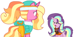 Size: 2034x1029 | Tagged: safe, artist:徐詩珮, derpibooru import, luster dawn, oc, oc:sunbeam glimmer, bubbleverse, everest (paw patrol), magical lesbian spawn, next generation, offspring, parent:starlight glimmer, parent:sungold, parents:sunglimmer, paw patrol, simple background, transparent background