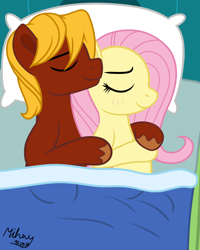 Size: 3974x4957 | Tagged: safe, artist:mihaynoms, derpibooru import, fluttershy, oc, oc:soul harmony, pegasus, pony, bed, blushing, commission, pregnant, shipping, snuggling