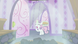 Size: 1920x1080 | Tagged: safe, derpibooru import, screencap, sweetie belle, the big mac question, female, food, pie, solo