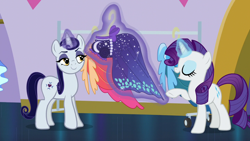 Size: 1280x720 | Tagged: safe, derpibooru import, screencap, moonlight raven, rarity, pony, unicorn, canterlot boutique, clothes, dress, duo, female, magic, magic aura, mare, over the moon, raised hoof, telekinesis