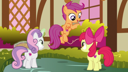 Size: 1920x1080 | Tagged: safe, derpibooru import, screencap, apple bloom, scootaloo, sweetie belle, the big mac question, butt, cutie mark crusaders, food, pie, plot