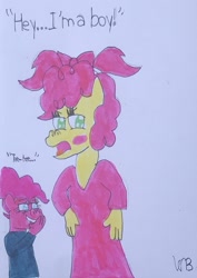 Size: 906x1280 | Tagged: safe, artist:whistle blossom, derpibooru import, li'l cheese, pinkie pie, anthro, earth pony, bow, clothes, colt, crossdressing, cute, dialogue, dress, duo, duo male and female, female, femboy, foal, giggling, hair bow, li'l cuteese, male, mare, muffled laughter, older, older pinkie pie, pigtails, signature, simple background, traditional art, white background