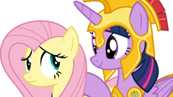 Size: 1024x574 | Tagged: safe, artist:shutterflyeqd, derpibooru import, fluttershy, twilight sparkle, alicorn, pegasus, pony, scare master, armor, athena sparkle, clothes, costume, duo, female, mare, simple background, transparent background, vector