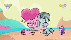 Size: 1600x900 | Tagged: safe, derpibooru import, octavio pie, pinkie pie, alligator, earth pony, pony, my little pony: pony life, pie vs. pie, spoiler:pony life s01e39, brother and sister, eyes closed, female, gator, grin, hug, male, mare, siblings, sitting, smiling, squishy cheeks, stallion